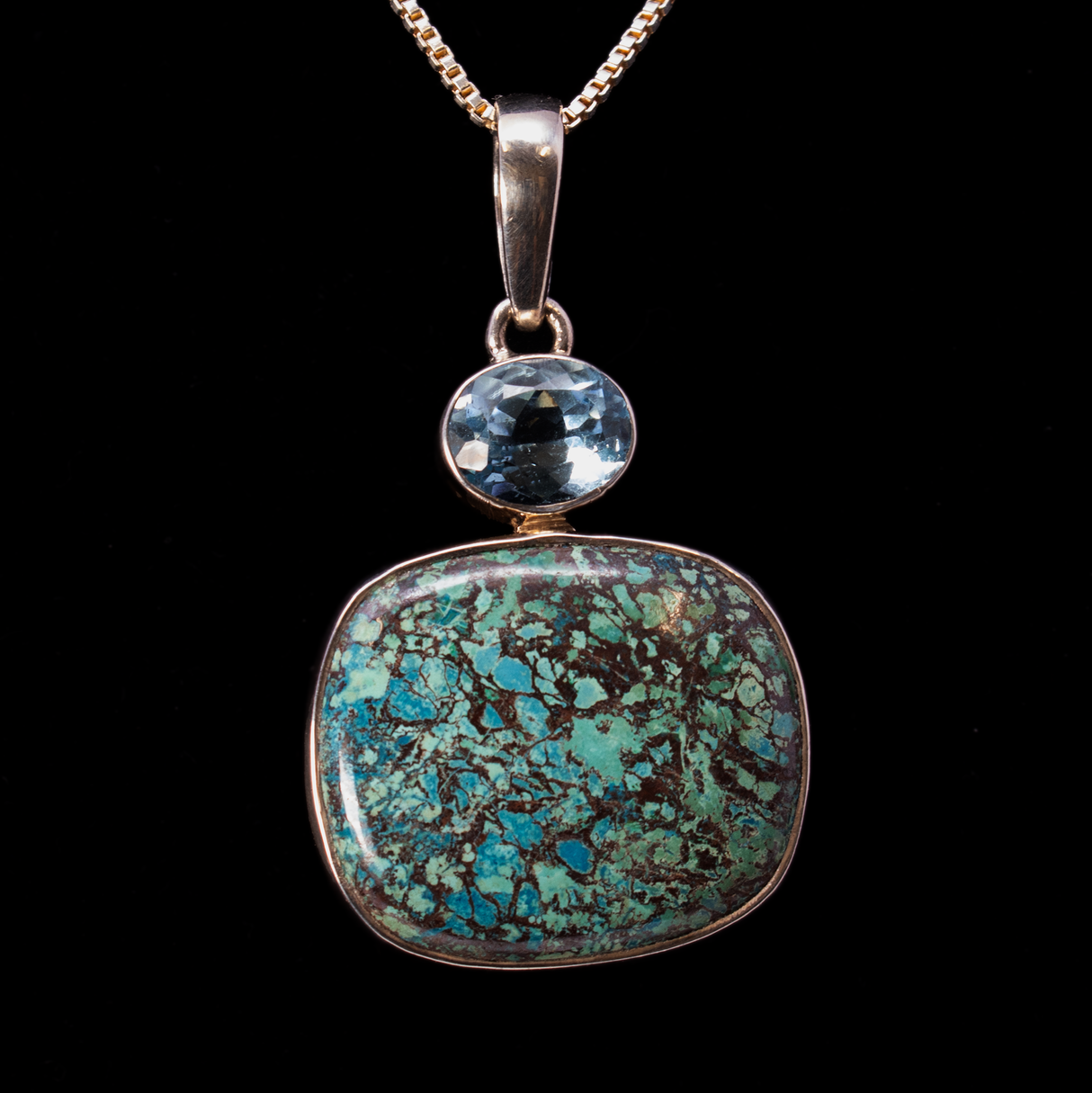 Chrysocolla Shattuckite Pendant -Rounded Rectangle With Blue Topaz Oval