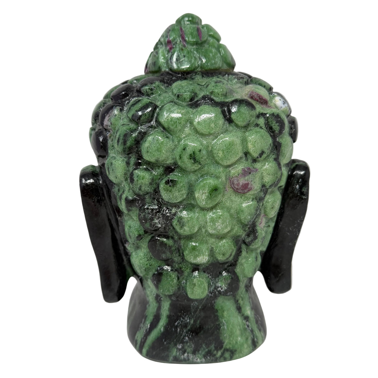 Green stone Buddha head sculpture on a white background