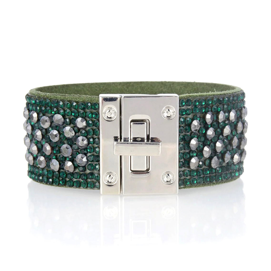 Narrow Swarovaki Crystal Wrap Bracelet - Gray & Green Rounds with Magnetic Clasp