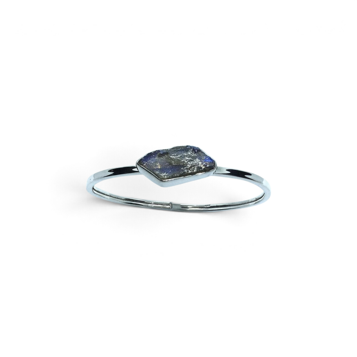 Rare Earth Gallery freeform labradorite gemstone bracelet featuring a polished silver bezel setting on a thin band.