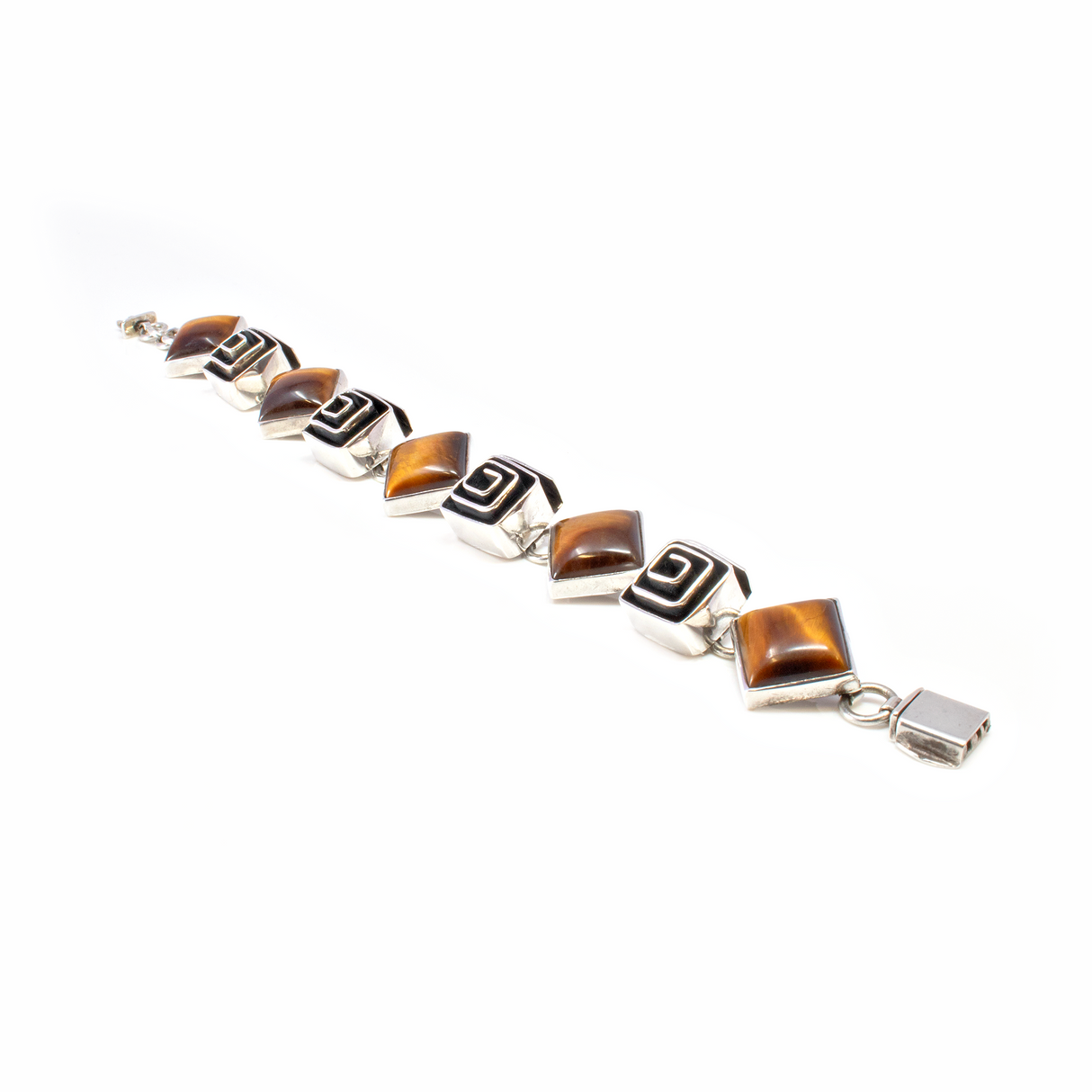 View of Tigers Eye Bracelet With Folded Spiral Silver Links