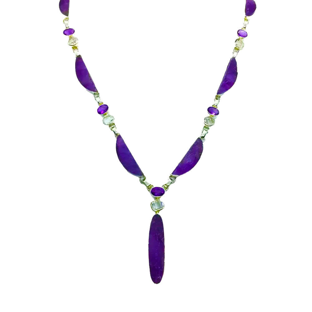 Rough Amethyst Necklace - 7 Unpolished Gems with 5 Duos of Faceted Amethyst Ovals & Herkimer Diamonds - 925 Sterling Silver Bezels