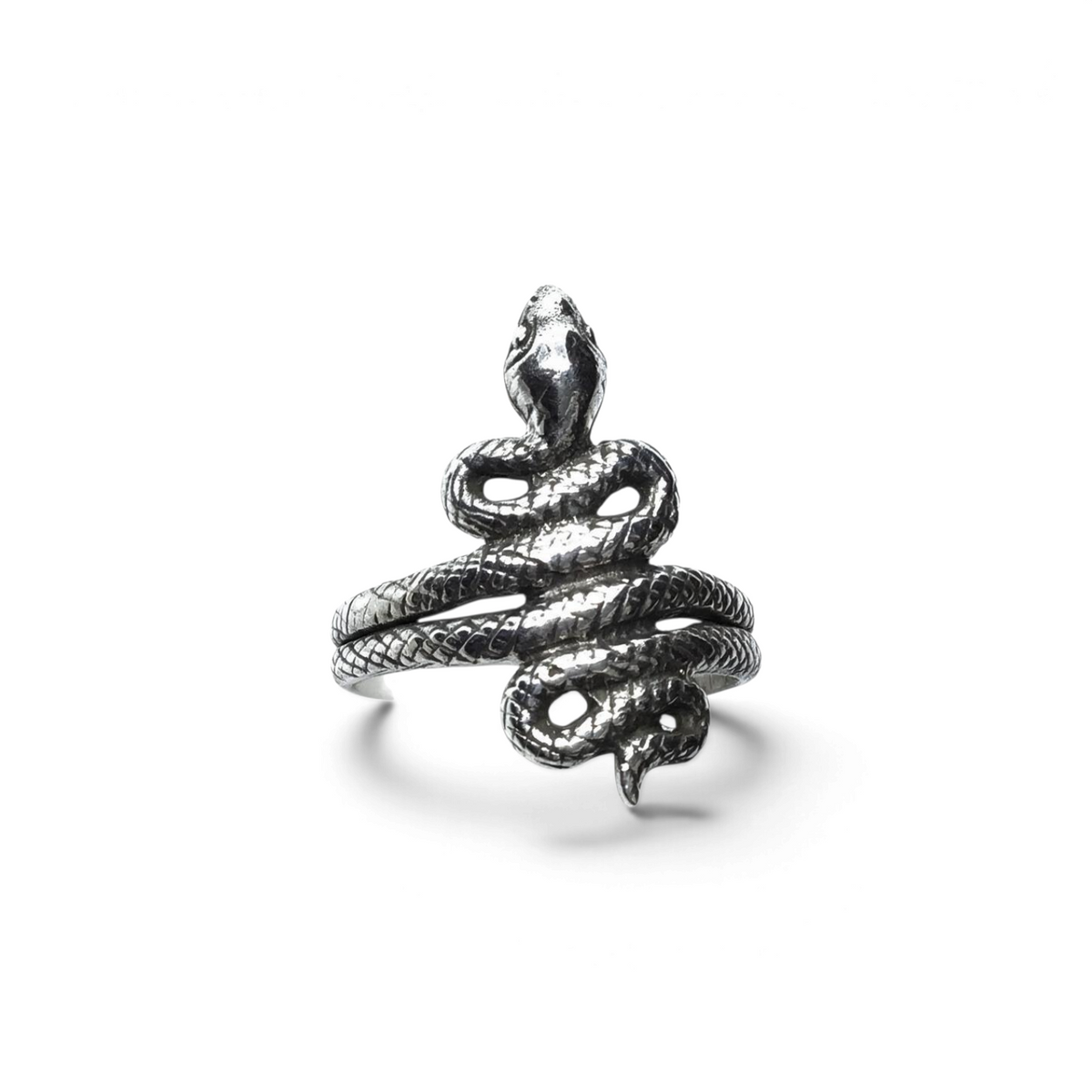 Rare Earth Gallery sterling silver snake ring featuring a detailed coiled serpent design on a double band