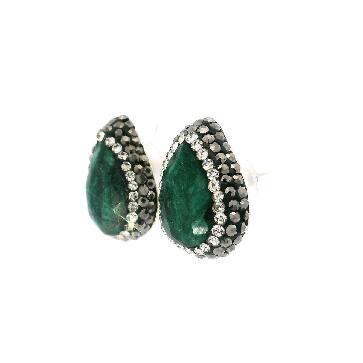 Emerald Stud Earrings - Faceted Pear with Marcasite & Silver Swarovski Crystals in 925 Sterling Silver