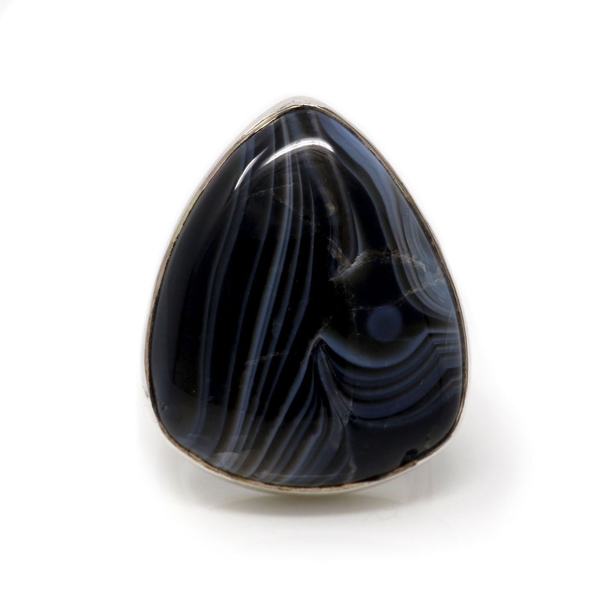 Banded Agate Ring - Pear Cabochon with Silver Bezel - Densely Banded Black with Espresso & White Size 5