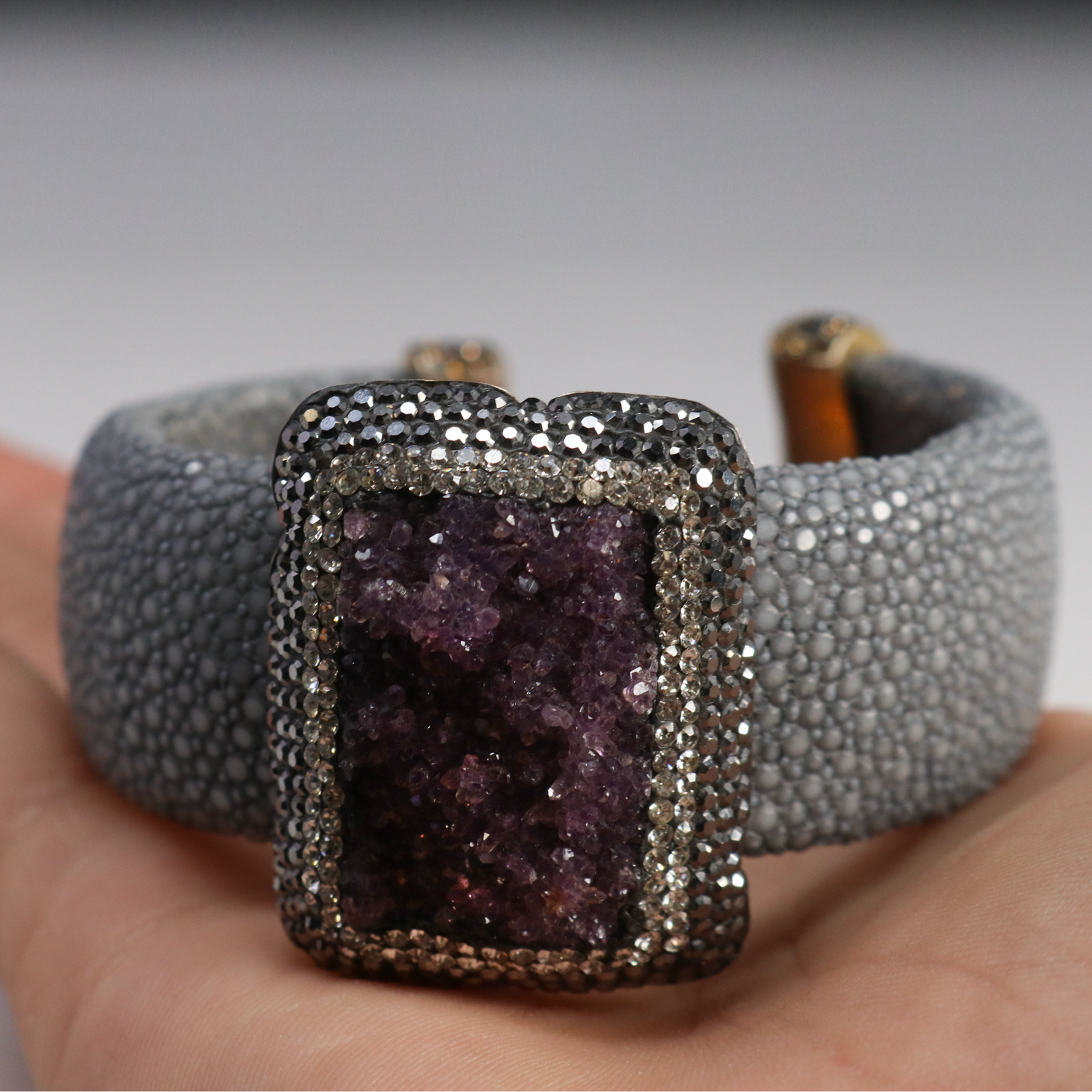 Druze Amethyst Bracelet Cuff - Rectangle With Marcasite & Gray Stingray Leather Wide Band Cuff