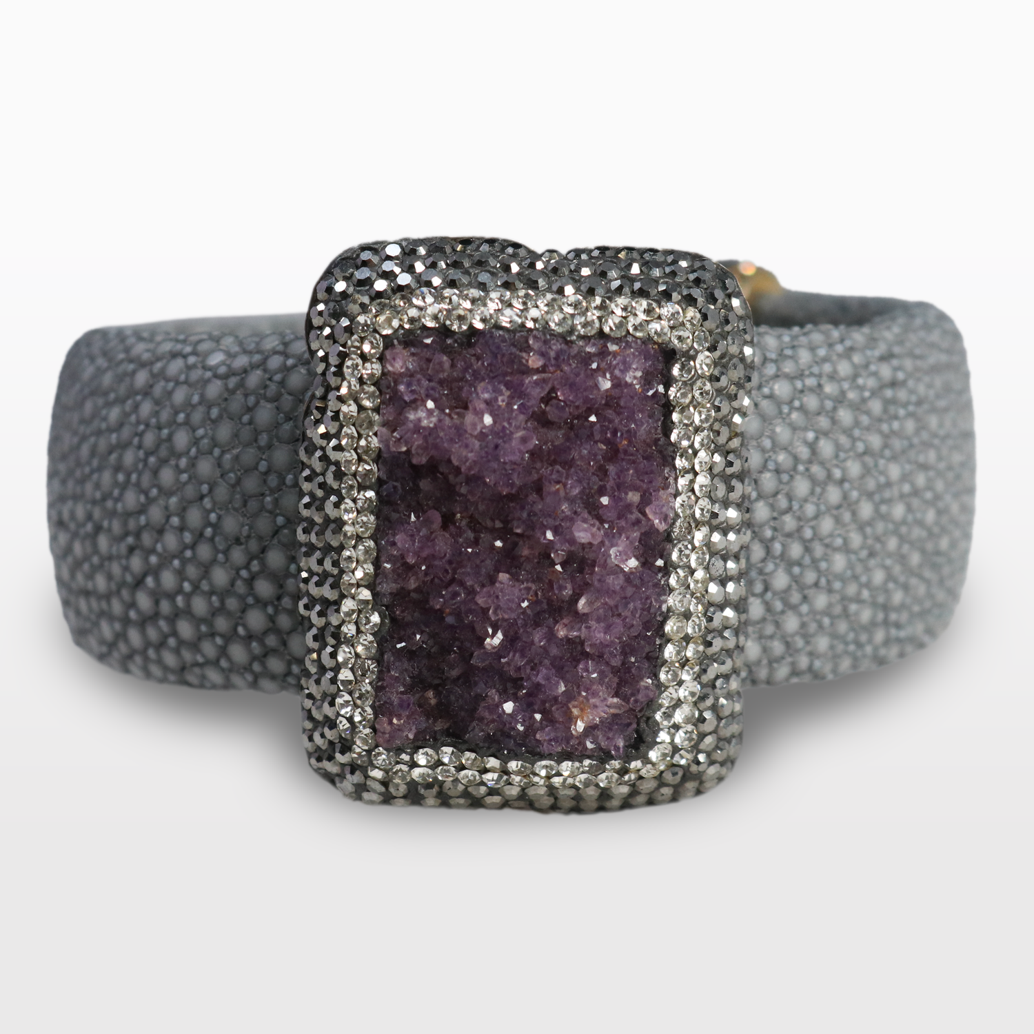 View of Druze Amethyst Bracelet Cuff - Rectangle With Marcasite & Gray Stingray Leather Wide Band Cuff