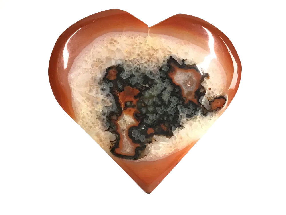 Sardonyx Carnelian Agate Heart Flat with Druze on Lucite Stand - Dark Orange Outer Edge with Black-Banded Sugar Druze Pocket in Center & Black & Orange Pattern on Reverse