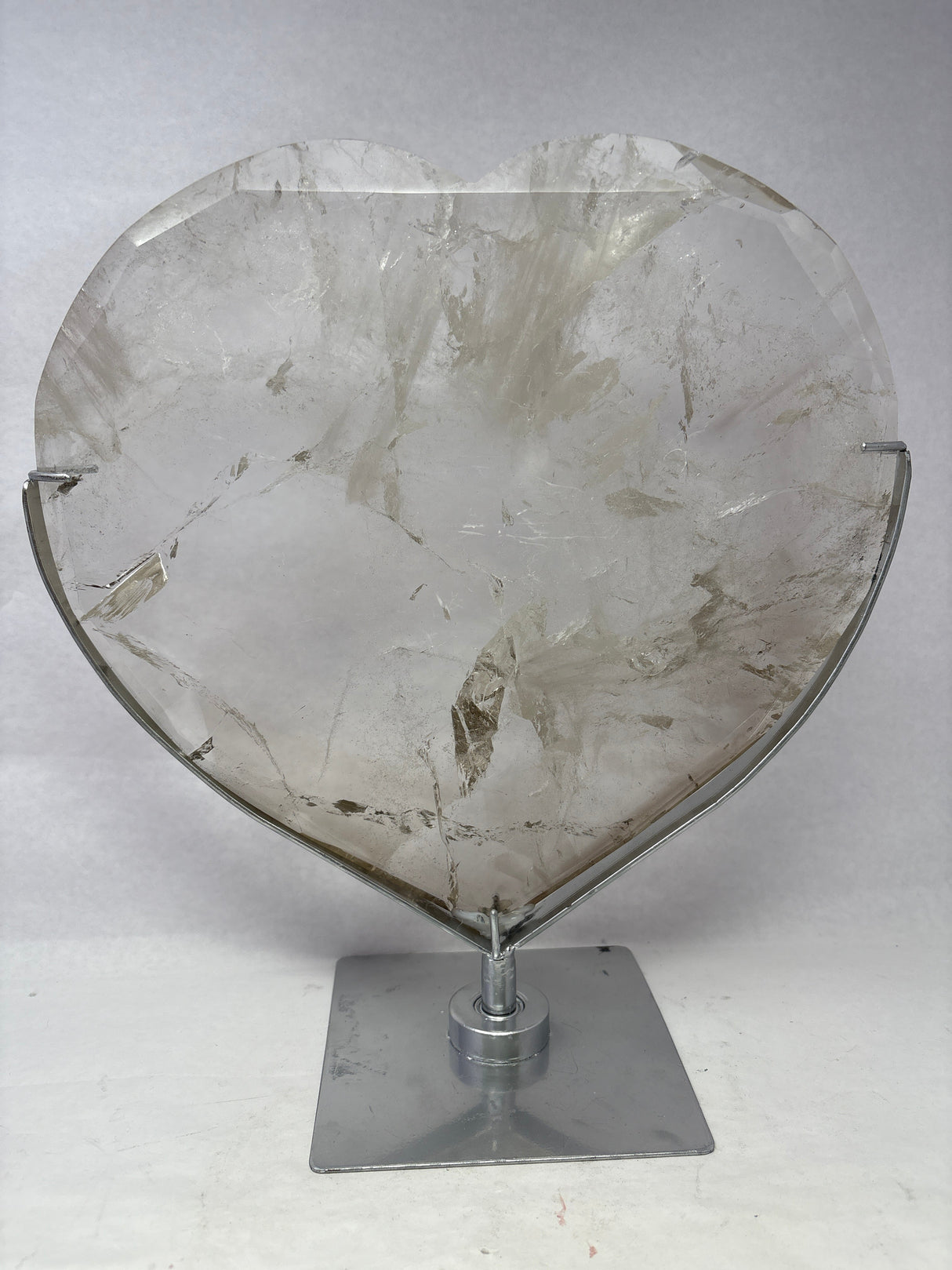 Clear Lemurian Quartz Crystal Faceted Heart on Fitted Stand