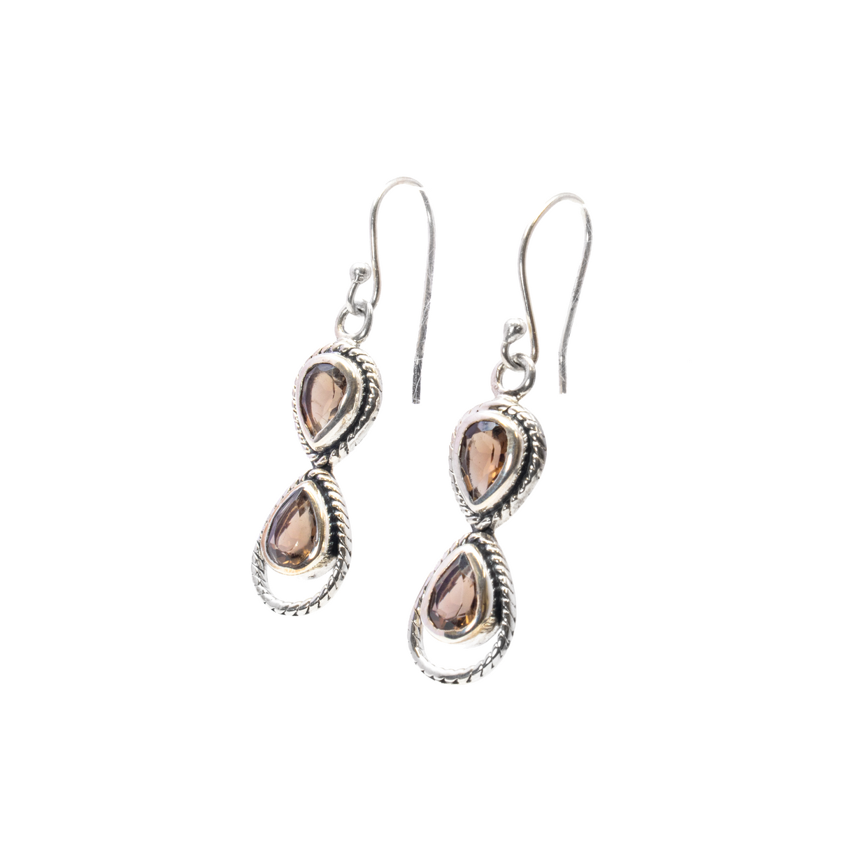 View of Smoky Quartz Earrings -Faceted Pears In Rope Infinity