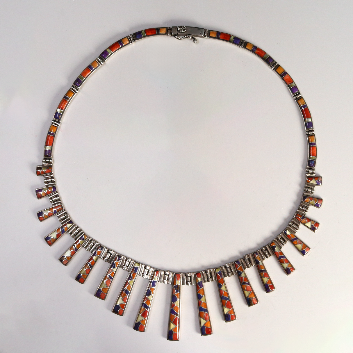 Micro Inlay Necklace With Spiny Oyster In 3 Colors & Mother Of Pearl In Vertical Tapered Rectangles