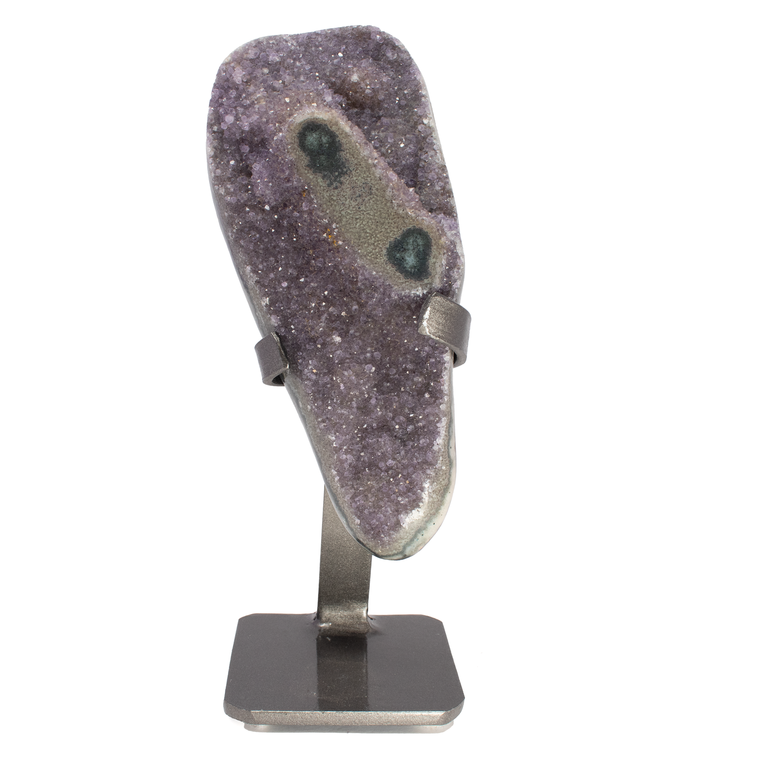 View of Amethyst Druze With Polished Stalactite Figure 8 On Stand