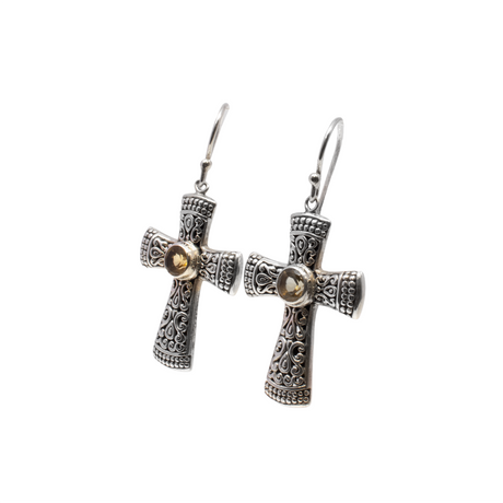 View of Faceted Citrine Cross Dangle Earrings - Round With Ornate Silver Designs & Beading