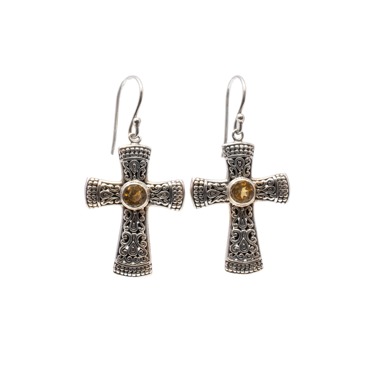 Faceted Citrine Cross Dangle Earrings - Round With Ornate Silver Designs & Beading