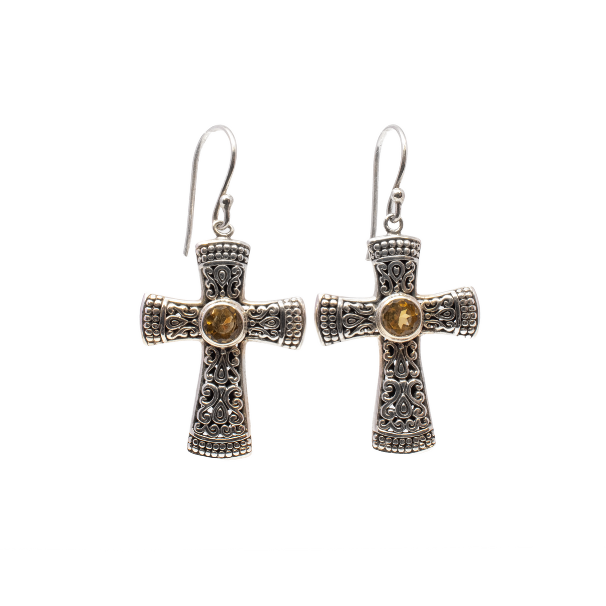 Faceted Citrine Cross Dangle Earrings - Round With Ornate Silver Designs & Beading