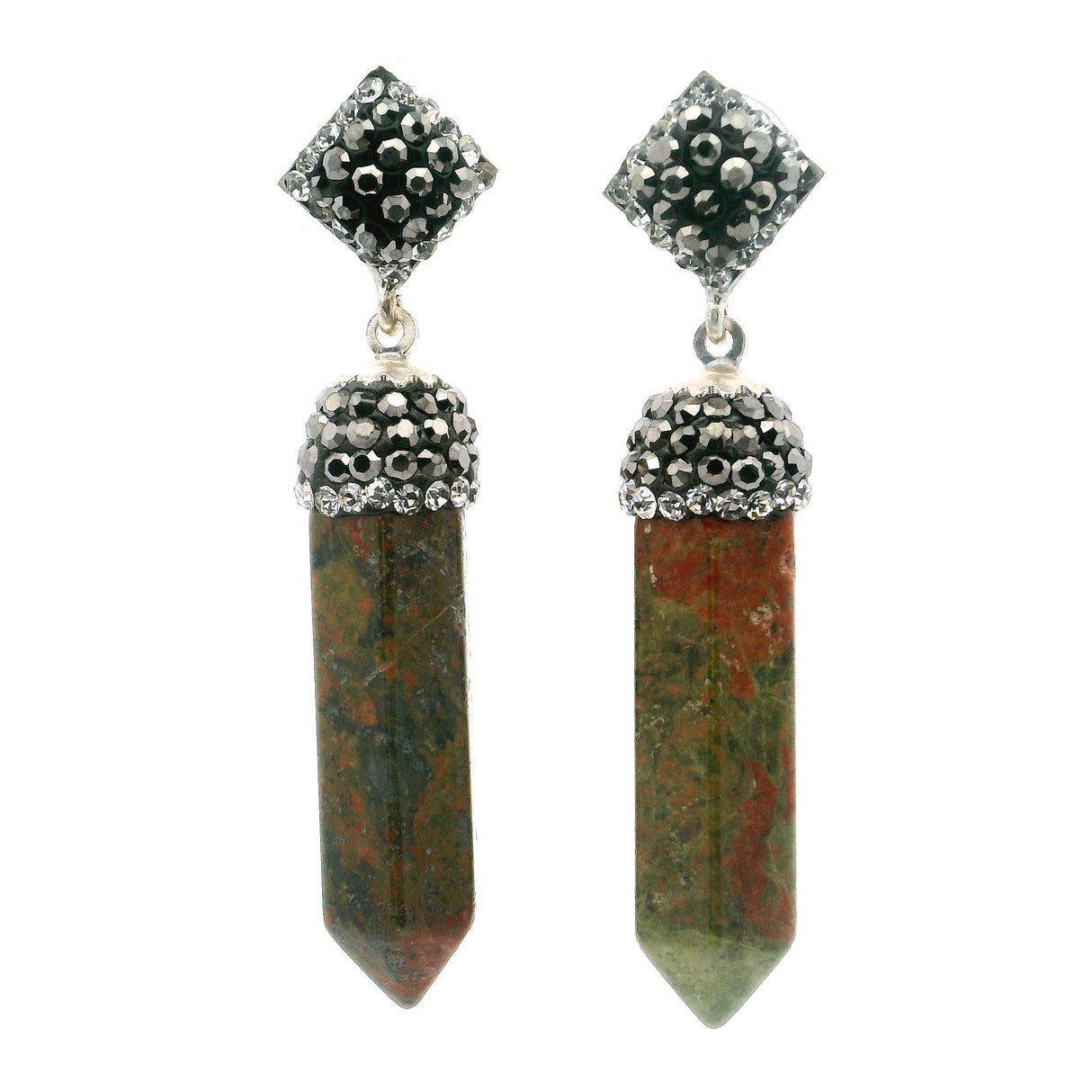 Unakite Dangle Earrings - Point Lantern Set with Silver Swarovski Crystals & Marcasite Hanging from Square in 925 Sterling Silver