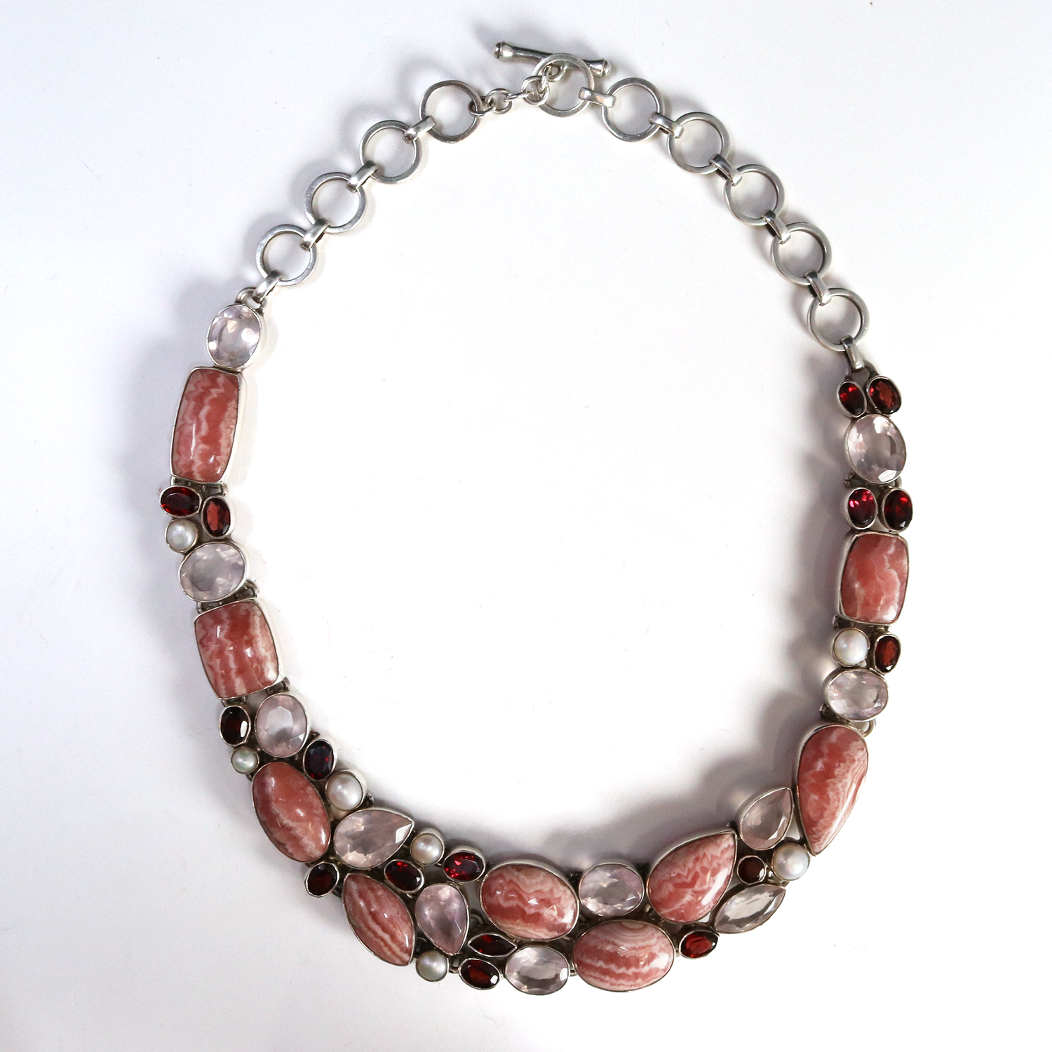 Rhodochrosite Necklace -Collar With Faceted Rose Quartz & Garnet & Pearls