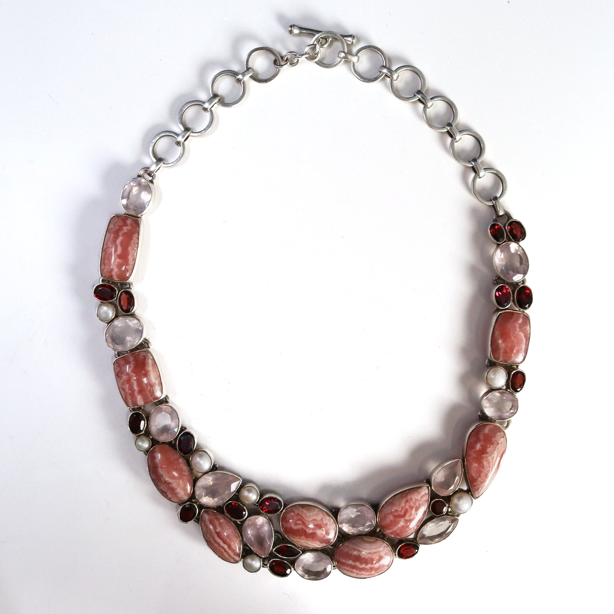 Rhodochrosite Necklace -Collar With Faceted Rose Quartz & Garnet & Pearls