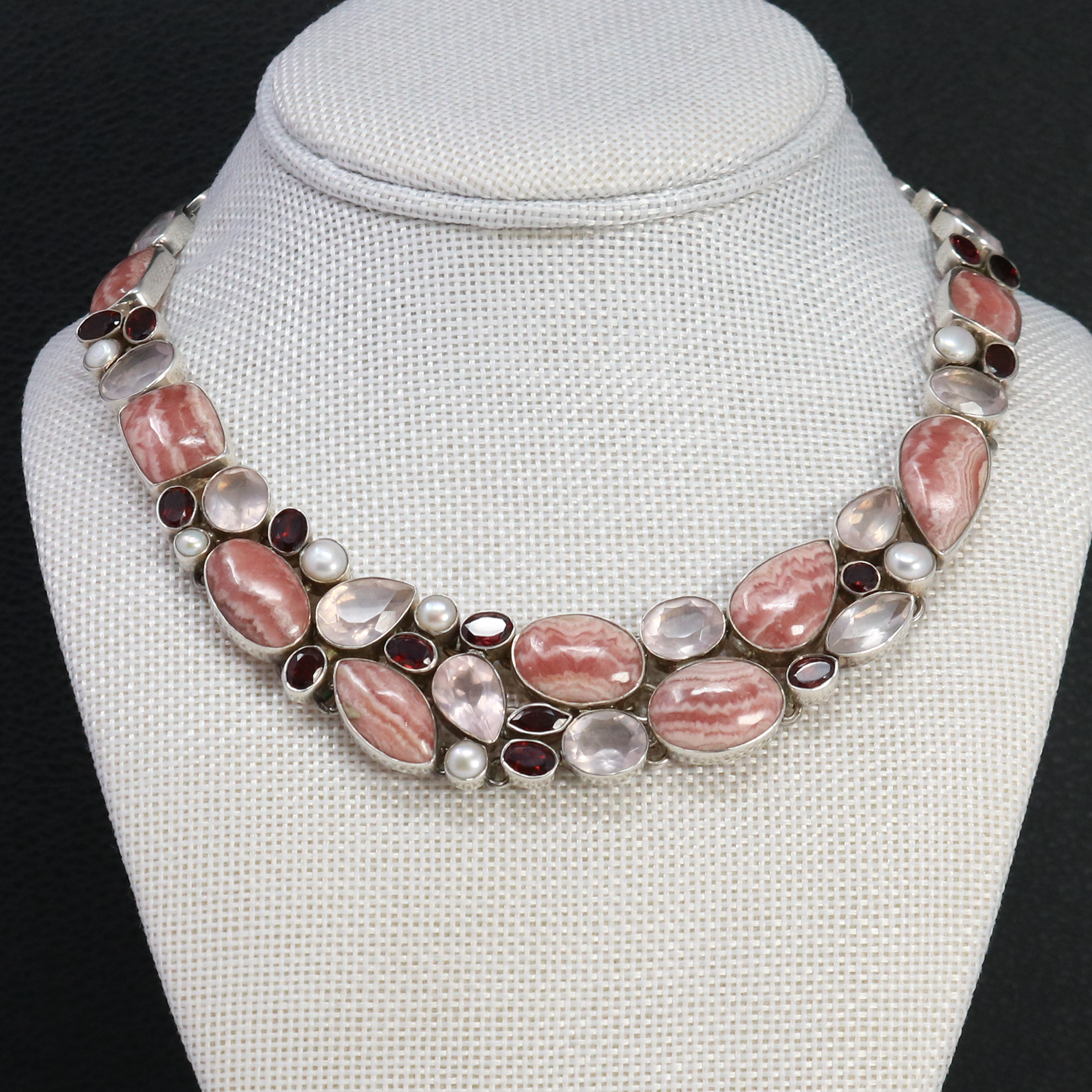 View of Rhodochrosite Necklace -Collar With Faceted Rose Quartz & Garnet & Pearls