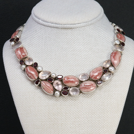 View of Rhodochrosite Necklace -Collar With Faceted Rose Quartz & Garnet & Pearls