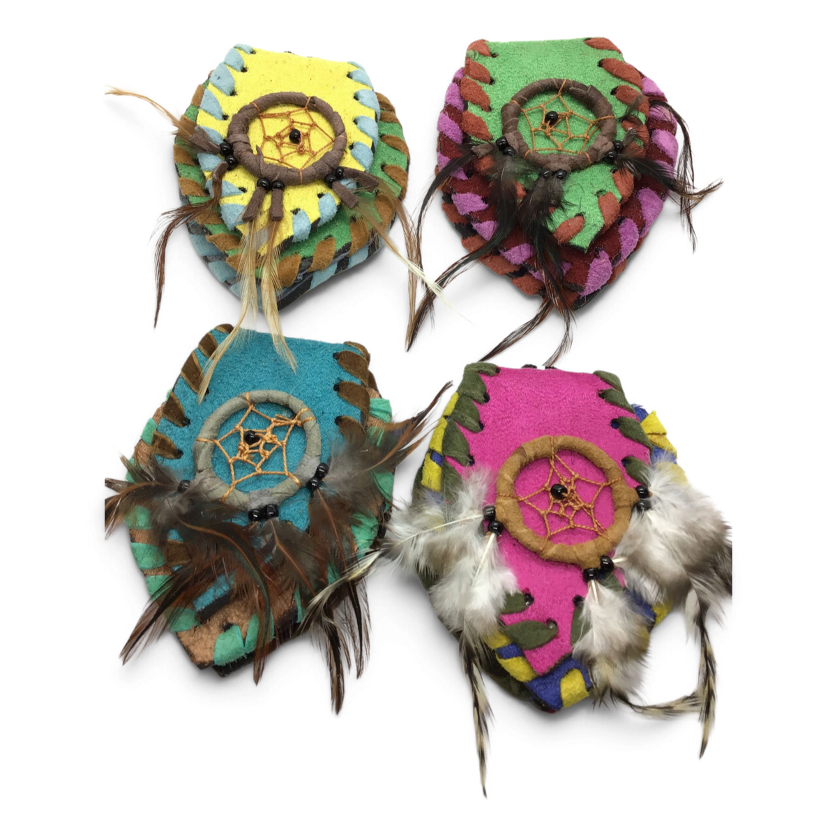 Four suede medicine pouches with dream catcher fronts, feathers, beads and pointed tip flaps