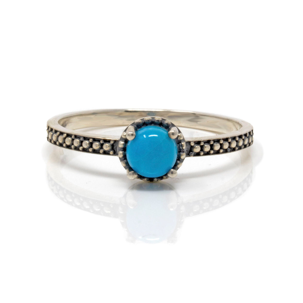 Arizona Turquoise Ring Size 5 4mm Round with Oxidized Prong Band