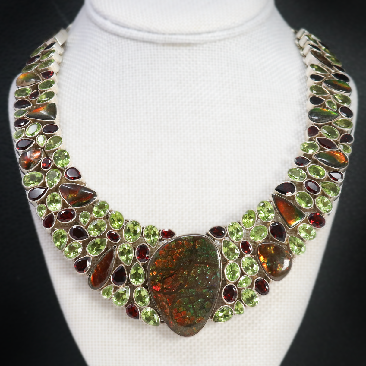Ammolite Fossil & Peridot Necklace Collar -Rainbow With Garnet