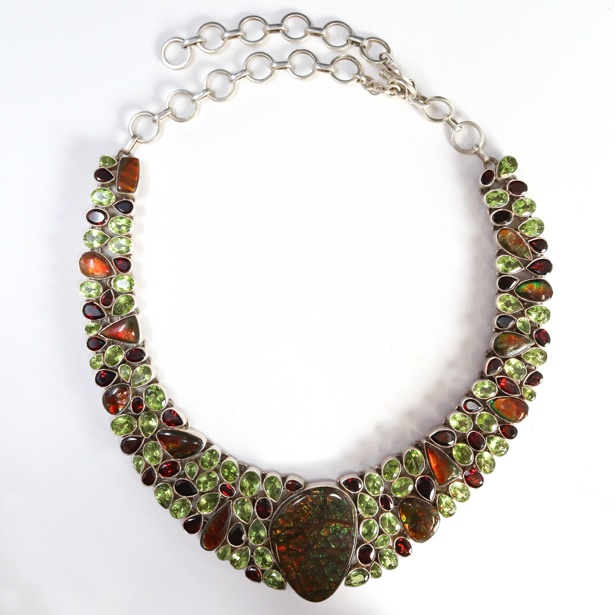 Ammolite Fossil & Peridot Necklace Collar -Rainbow With Garnet