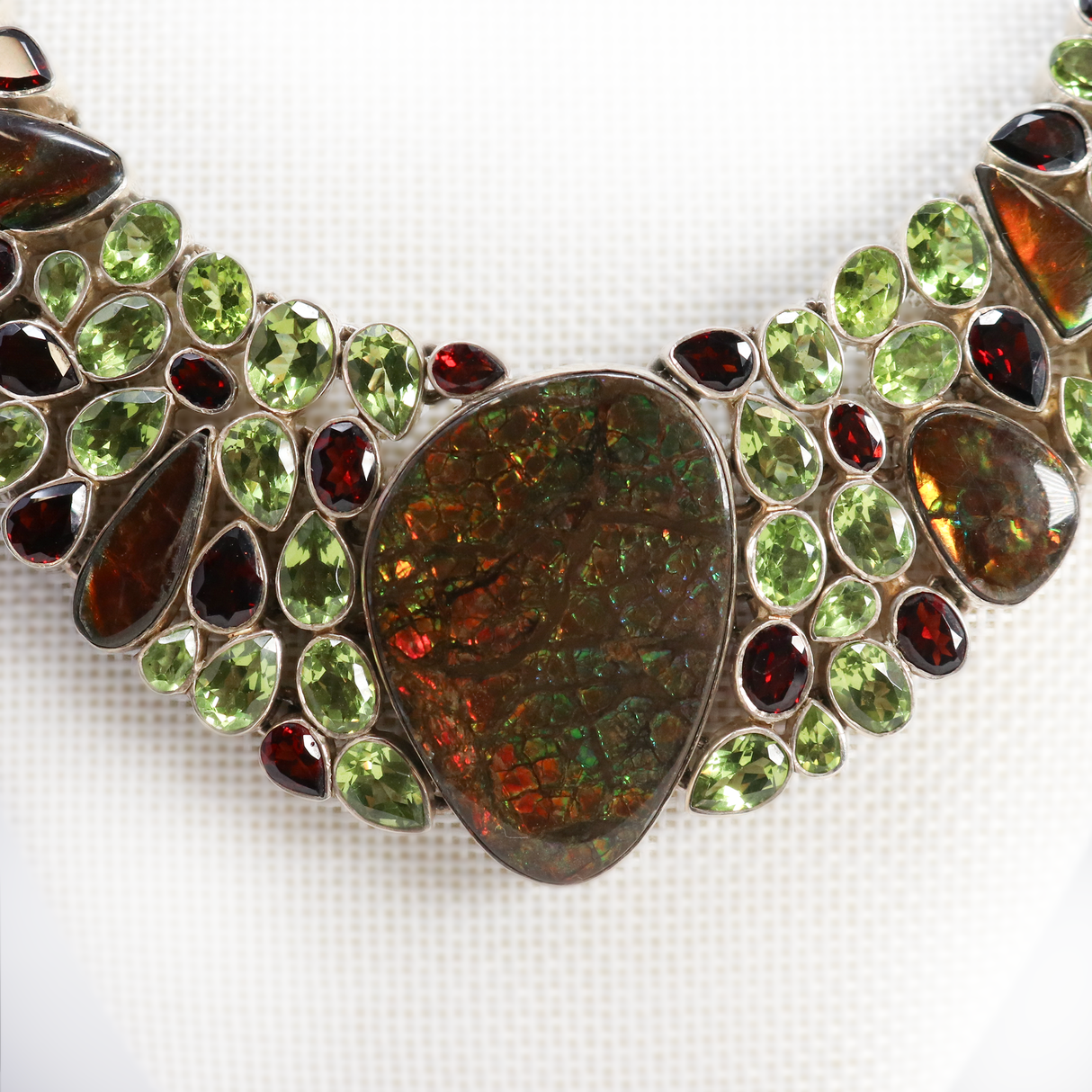 View of Ammolite Fossil & Peridot Necklace Collar -Rainbow With Garnet