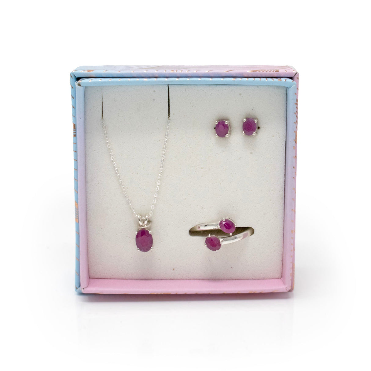 Faceted Ruby Set with Necklace & Stud Earrings & Duo Ring with Open Top - Faceted Prong Set Oval Size 7