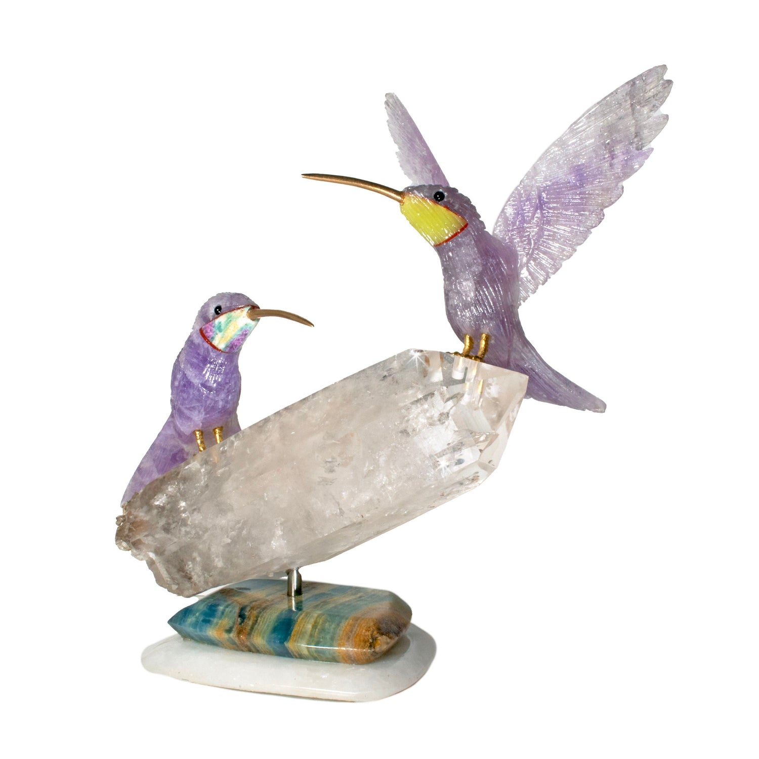 Amethyst Hummingbird Pair Perched on Quartz Crystal Cluster Base