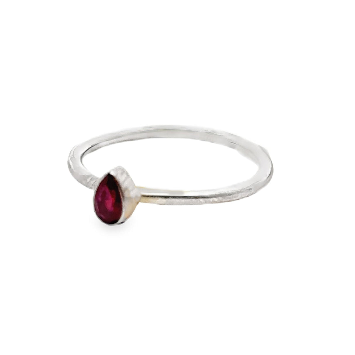 Ruby Ring - Dainty Faceted Pear With Silver Bezel Sz7