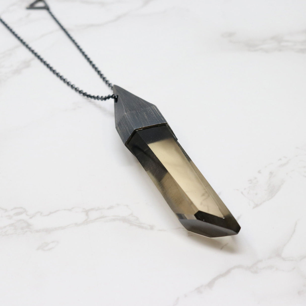 Smoky Quartz Pendant with Chain - A+ Quality Point with Brushed Rhodium Plated Finish