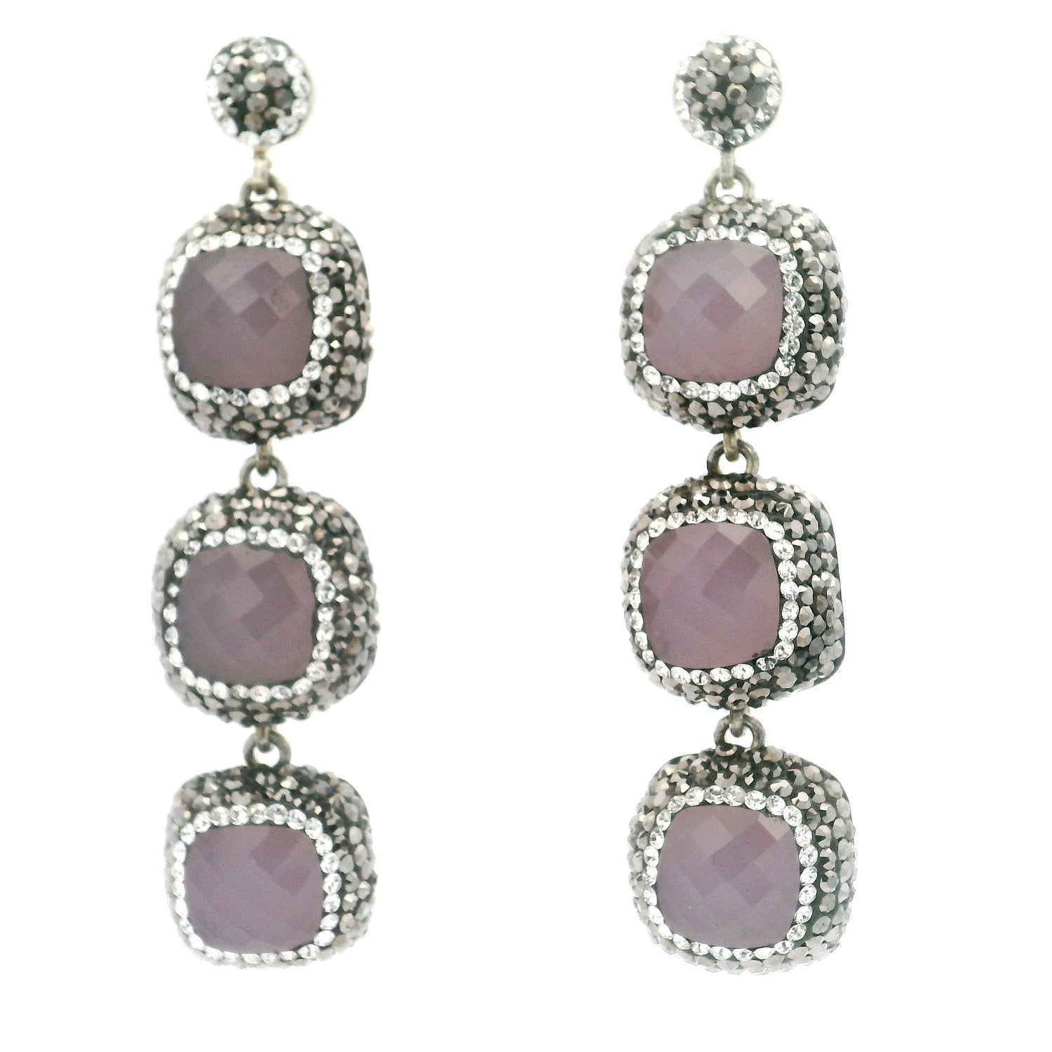 Rose Quartz Dangle Earrings - 3 Faceted Rounded Squares with Marcasite & Silver Swarovski Crystals in 925 Sterling Silver