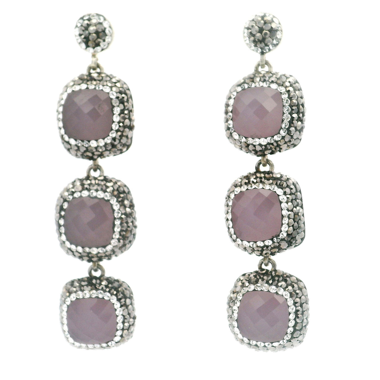 Rose Quartz Dangle Earrings - 3 Faceted Rounded Squares with Marcasite & Silver Swarovski Crystals in 925 Sterling Silver