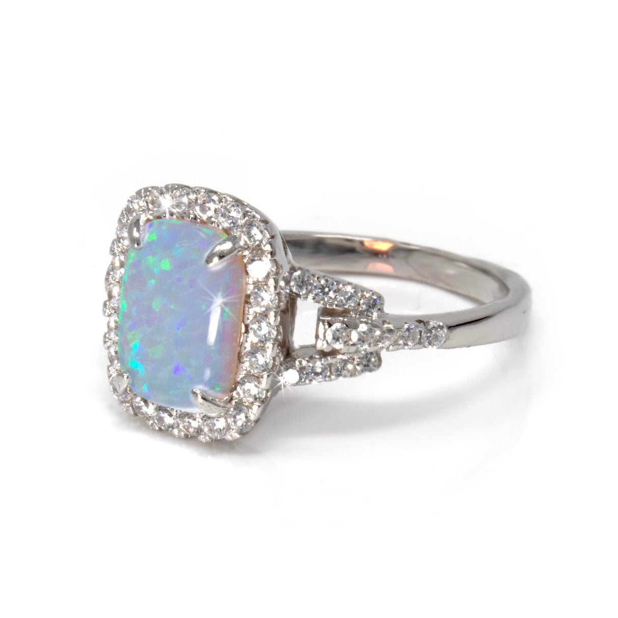 White Opal Ring - Prong Set Rounded Rectangle Cabochon With White Czs Set In Bezel & Band Sz5