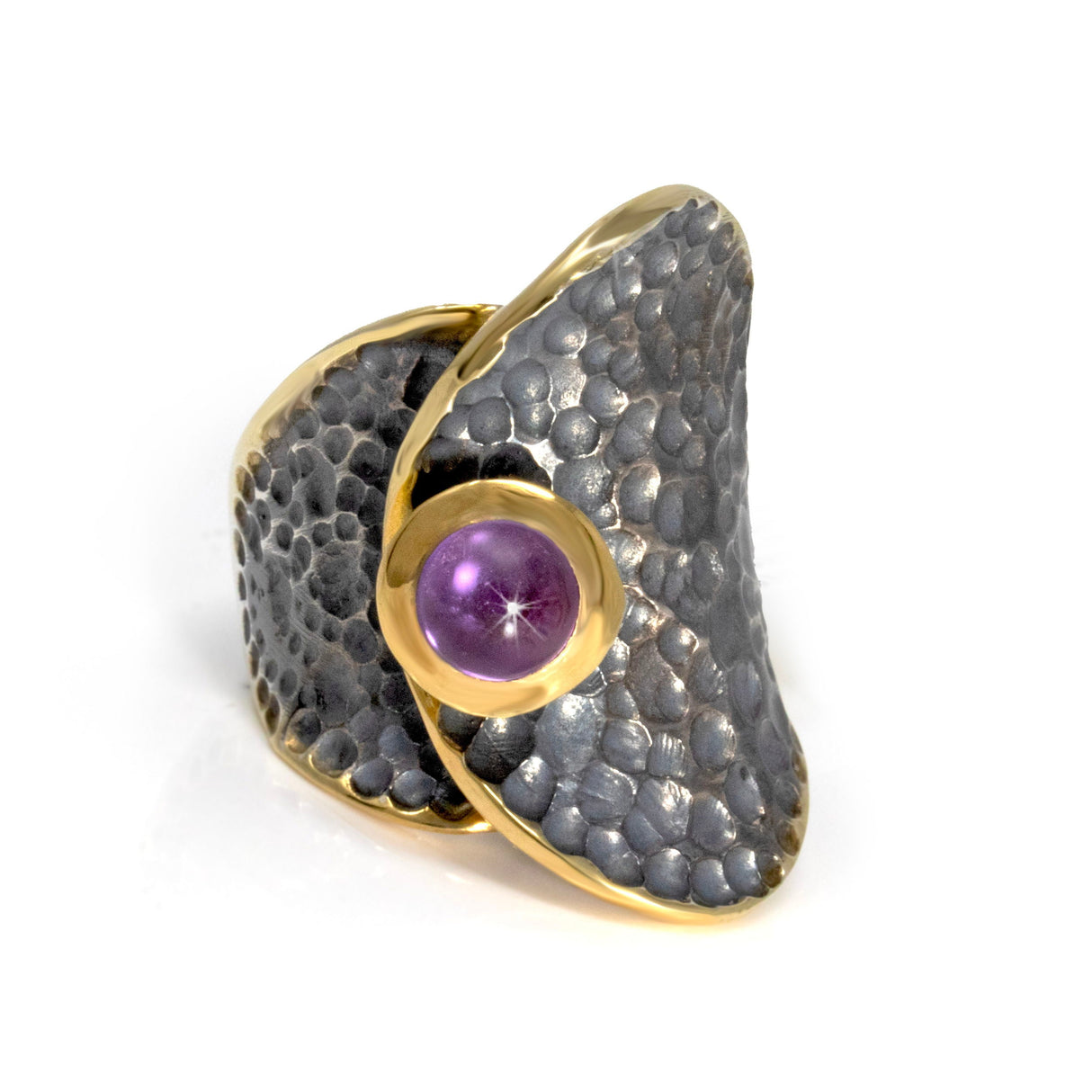 Amethyst Ring - Round Cabochon with Gold Vermeil Bezel Set on Hammered Oxidized Band with "Falling Leaf" Folded Design - Gold Vermeil Size 8