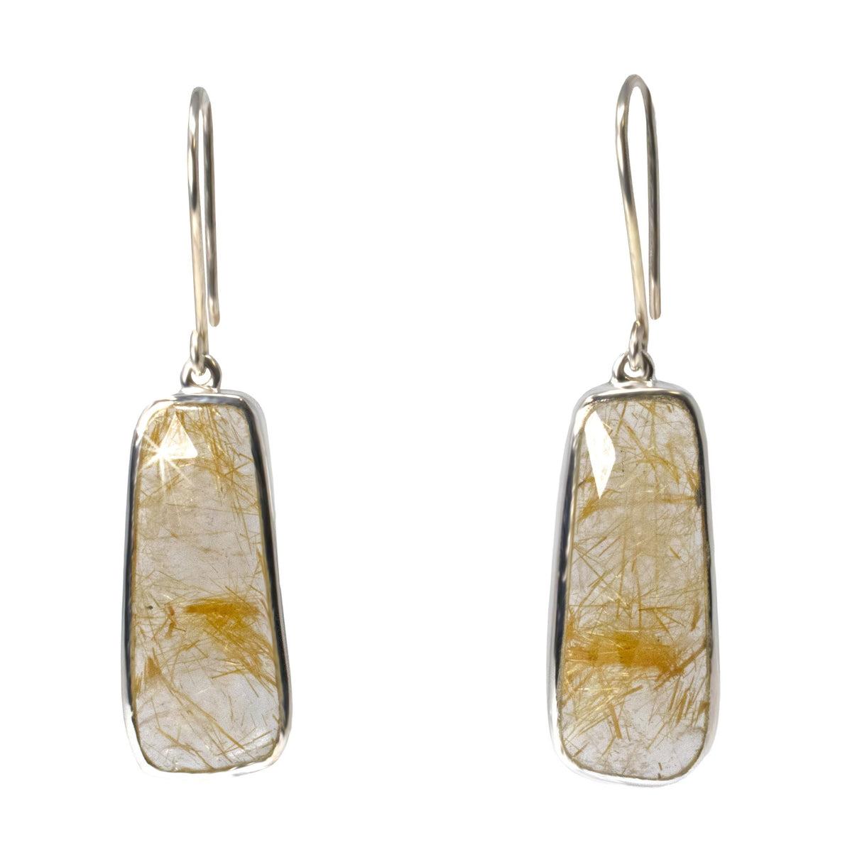 Golden Rutilated Quartz Dangle Earrings - Faceted Elongated Rectangle with Silver Bezel