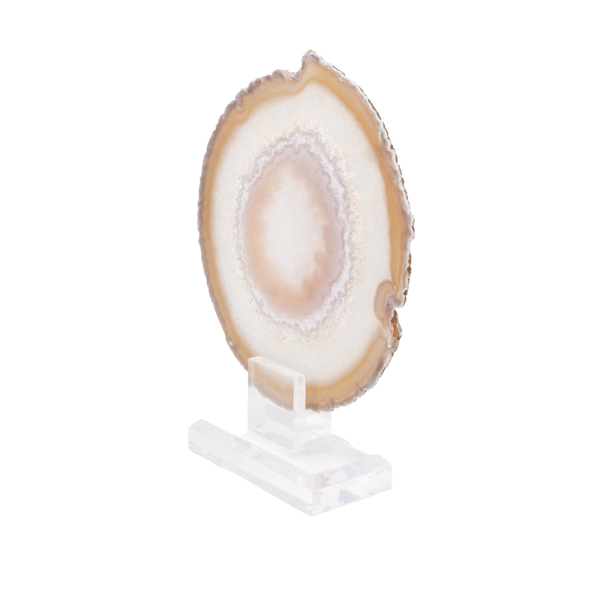 Citrus Carnelian Agate Slice On Acrylic Screw Stand with Pink Hue Banding Centered Eye Pattern