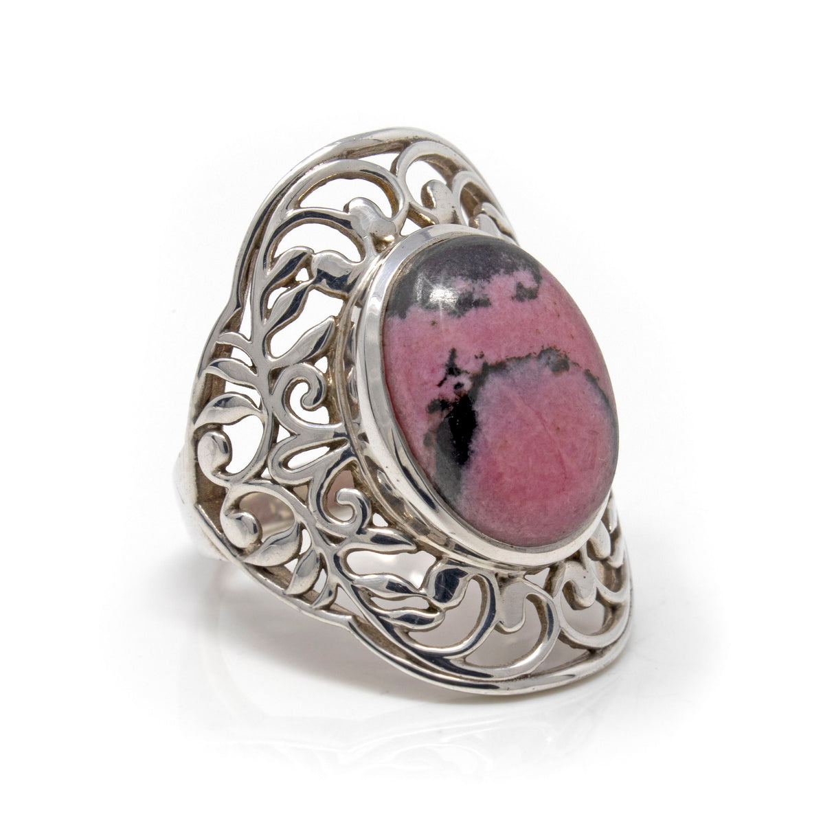 Rhodonite Ring - Oval with Filigree Saddle Band Size 8