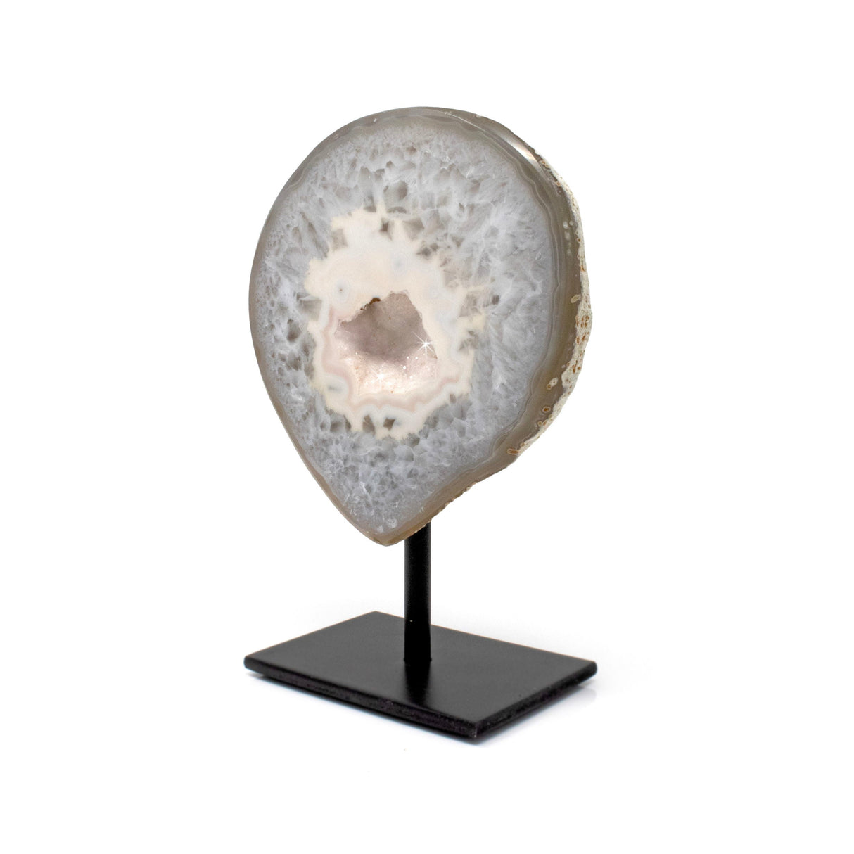 Druze Geode on Post Stand - Grayish Blue Quartz with White Druze Center