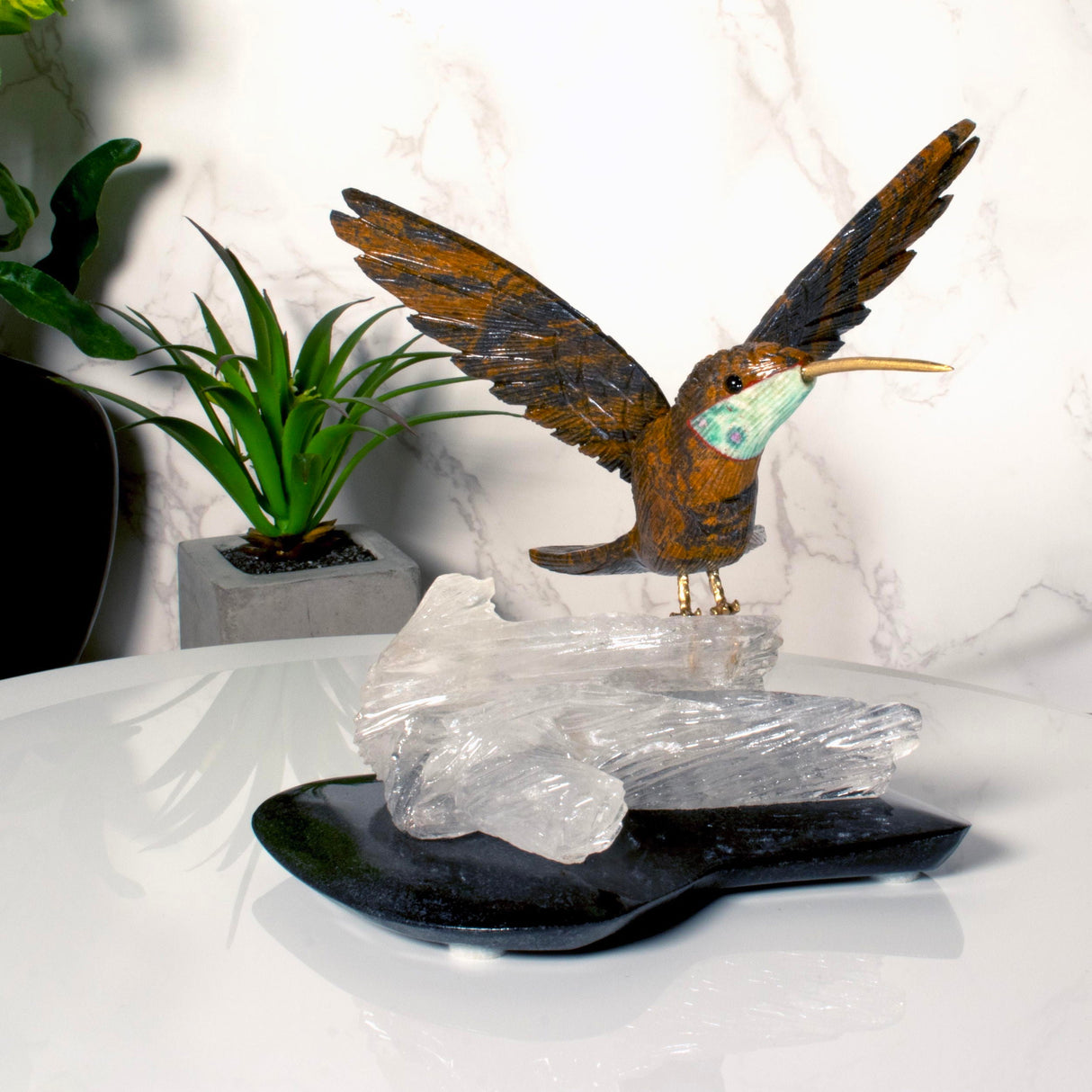 Tiger Eye Hummingbird Perchedon Carved Quartz Log Base with Black Onyx