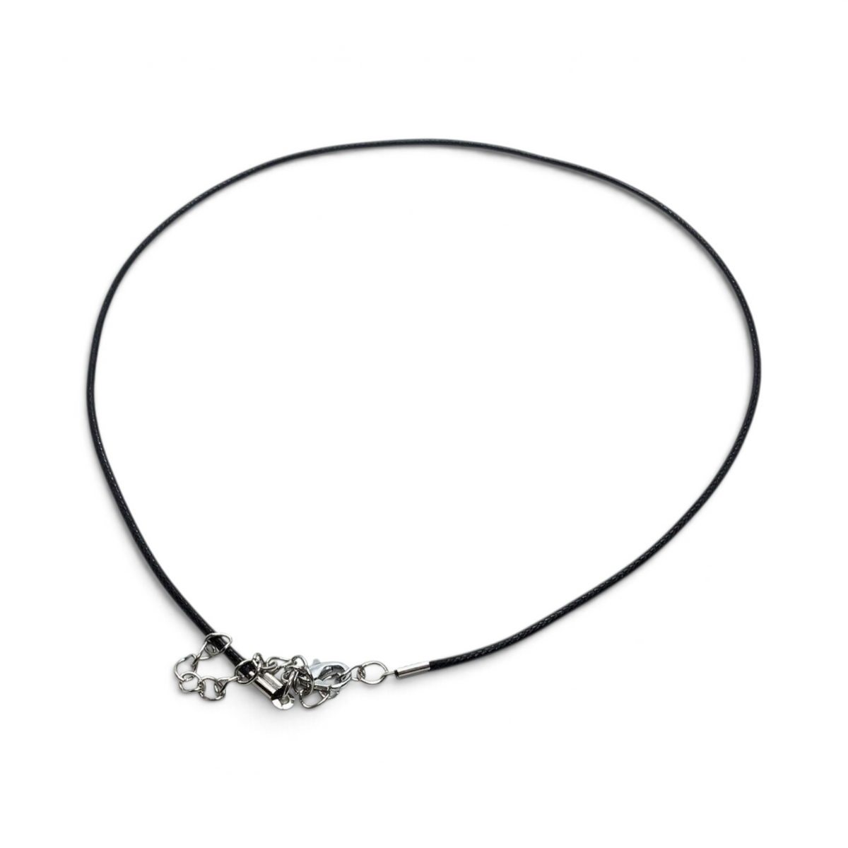 Rare Earth Gallery 18-inch black leather cord necklace featuring a silver-tone metal trigger clasp and extender chain.