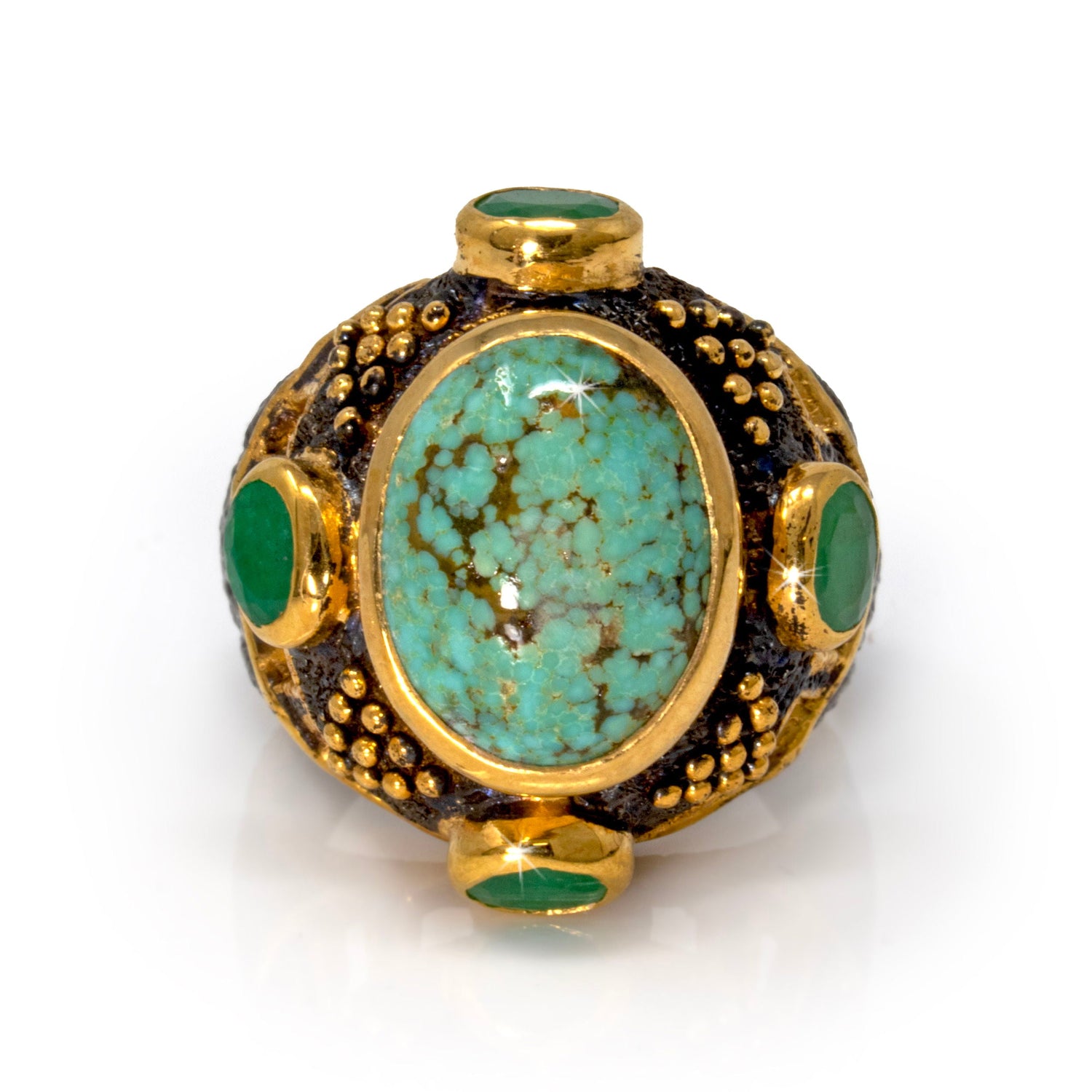 Persian Turquoise Ring Size 8.5 - Cambered Oval with 4 Faceted Emerald Ovals