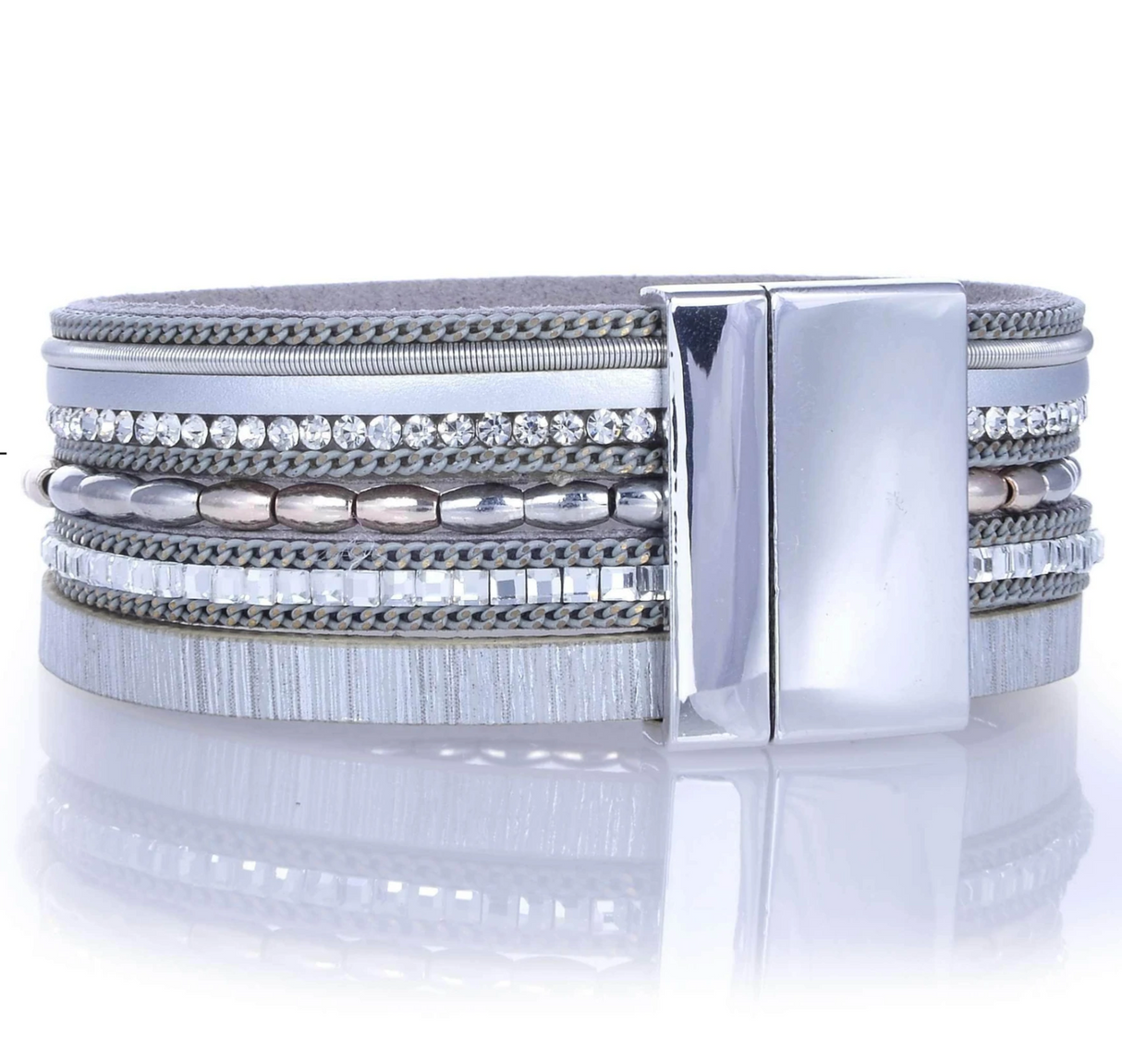 Metallic Beads & Silver Leather Multiple Wrap Bracelet with Magnetic Clasp