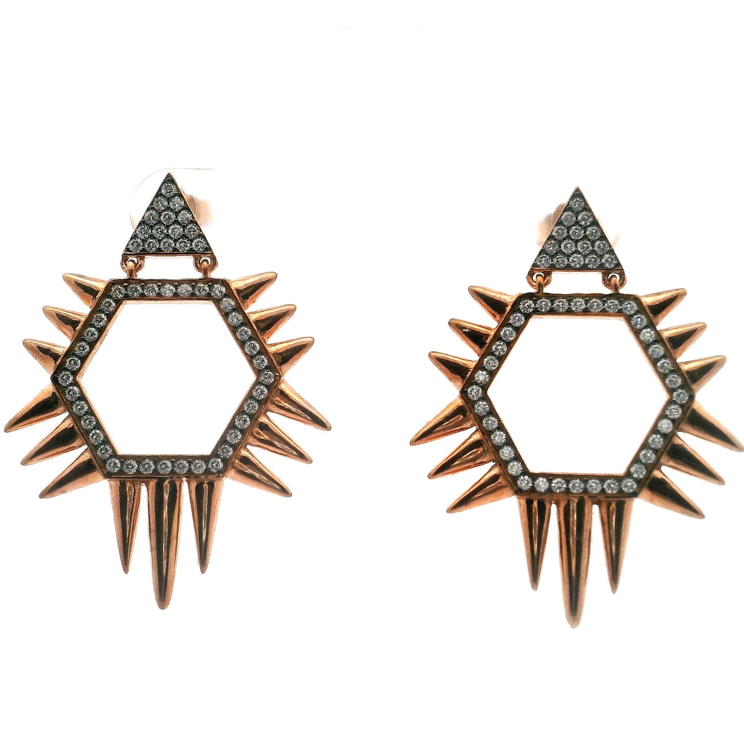 Nano Stone Dangle Earrings - Quartz Triangle & Hexagon with Spiky Edges & Rose Gold Overlay over 925 Sterling Silver