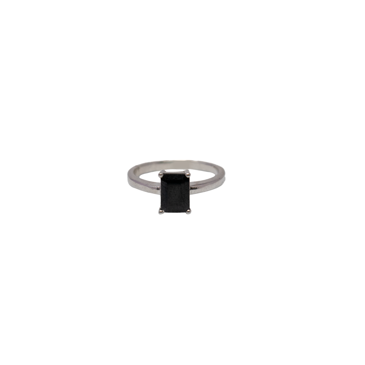 Black Spinel Ring - Emerald Cut Faceted Rectangle - Prong Set On Simple Silver Vert Band Sz5