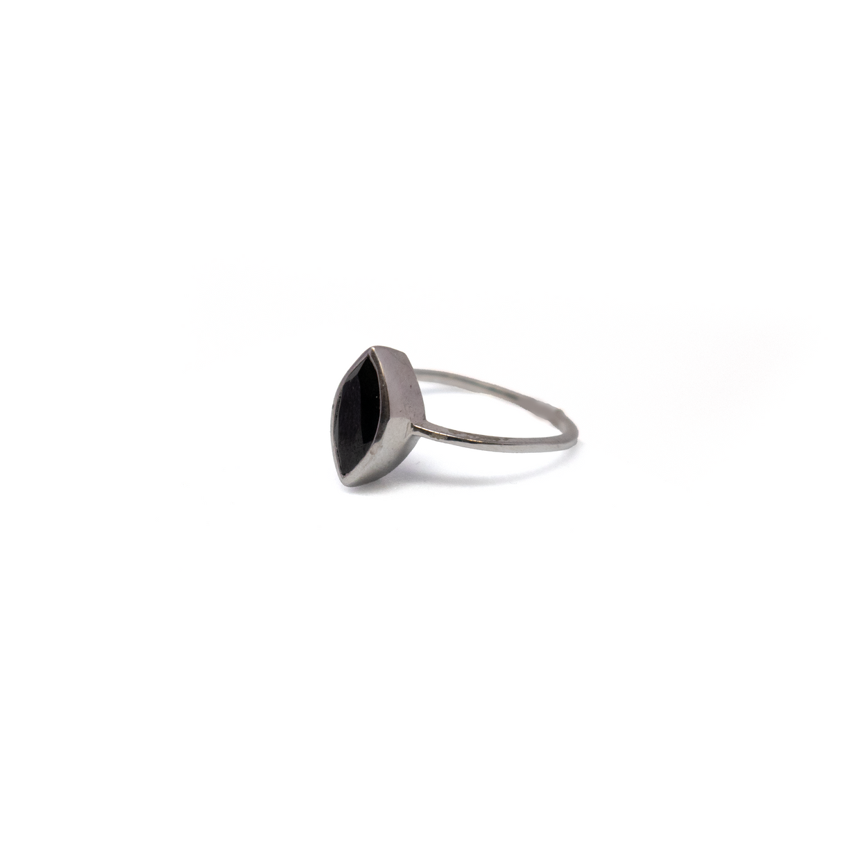 Black Spinel Ring - Faceted Sharp Oval With Tall Silver Bezel Set On Simple Vert Band Sz6