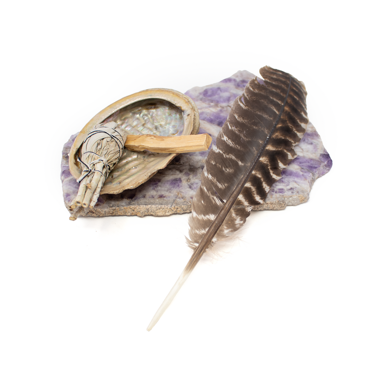 Aromatherapy Kit: Chevron Amethyst Platter with Abalone Shell & Palo Santo & White Sage Tulip & Feather
