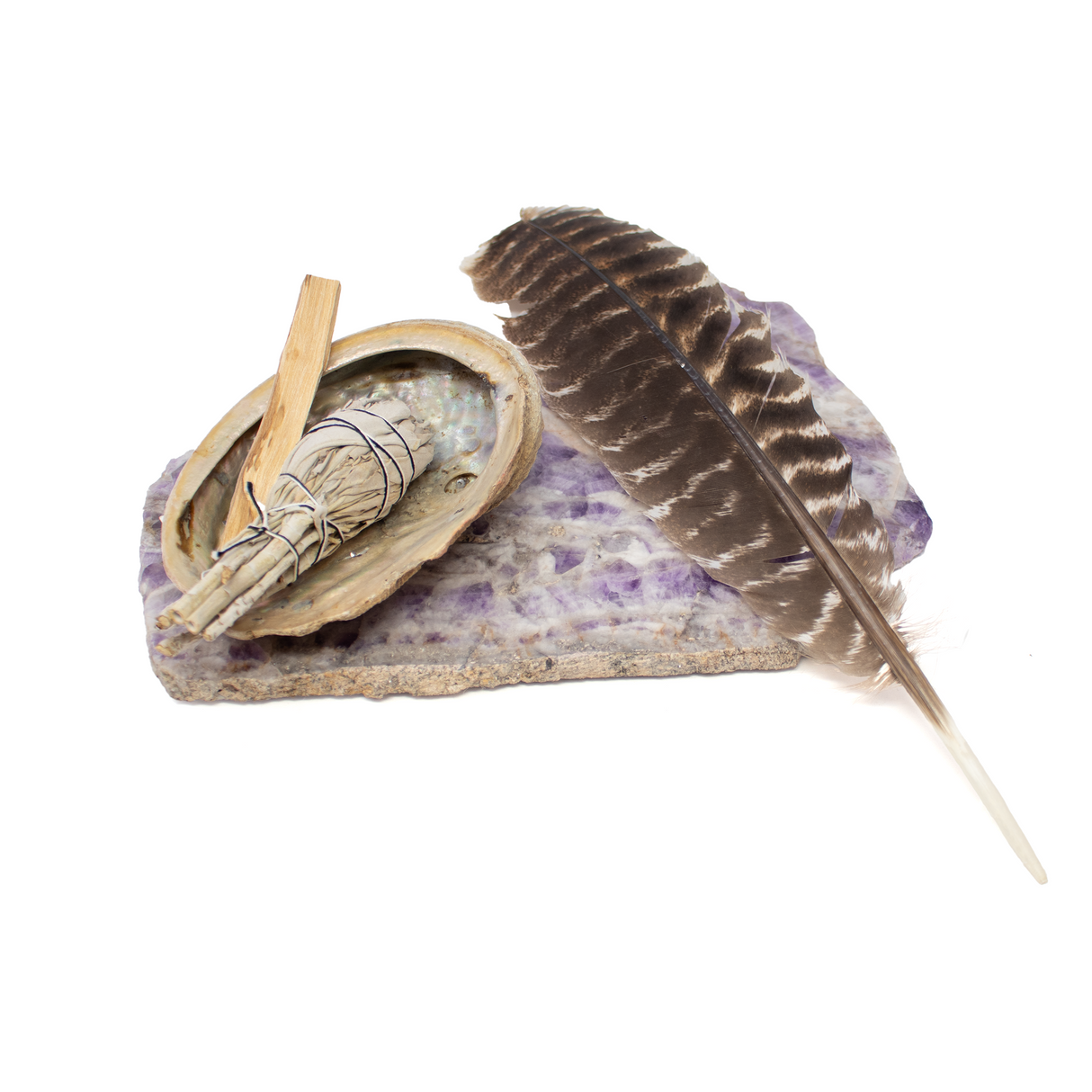 View of Aromatherapy Kit: Chevron Amethyst Platter with Abalone Shell & Palo Santo & White Sage Tulip & Feather